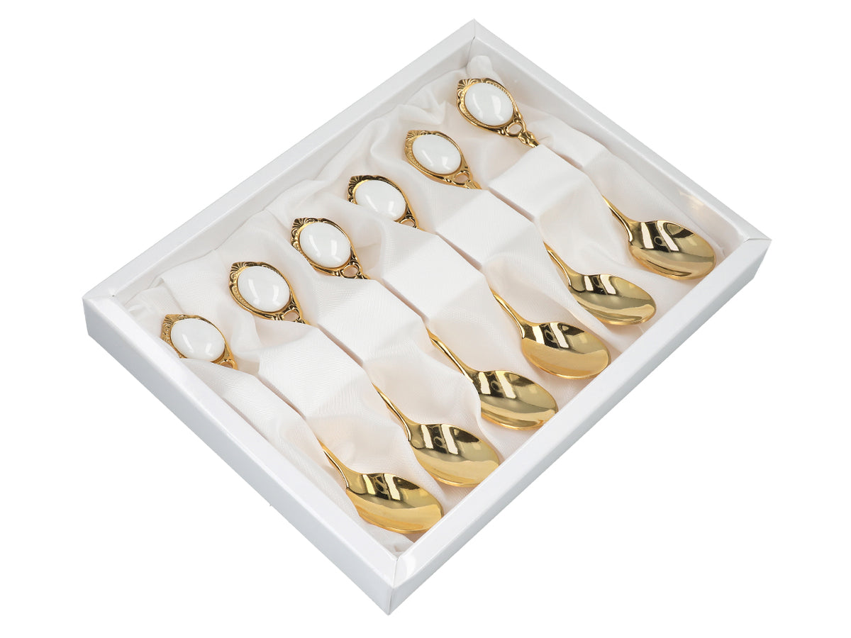 Sæt med 6 teskeer belagt med 24K guld, hvide øjne CARMANI, med mulighed for personlig gravering - elegant gave til enhver anledning, mål 13 cm