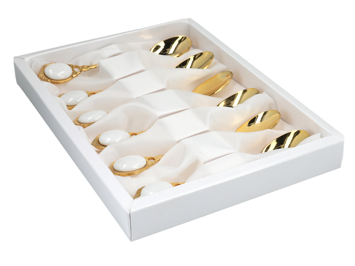 Sæt med 6 teskeer belagt med 24K guld, hvide øjne CARMANI, med mulighed for personlig gravering - elegant gave til enhver anledning, mål 13 cm