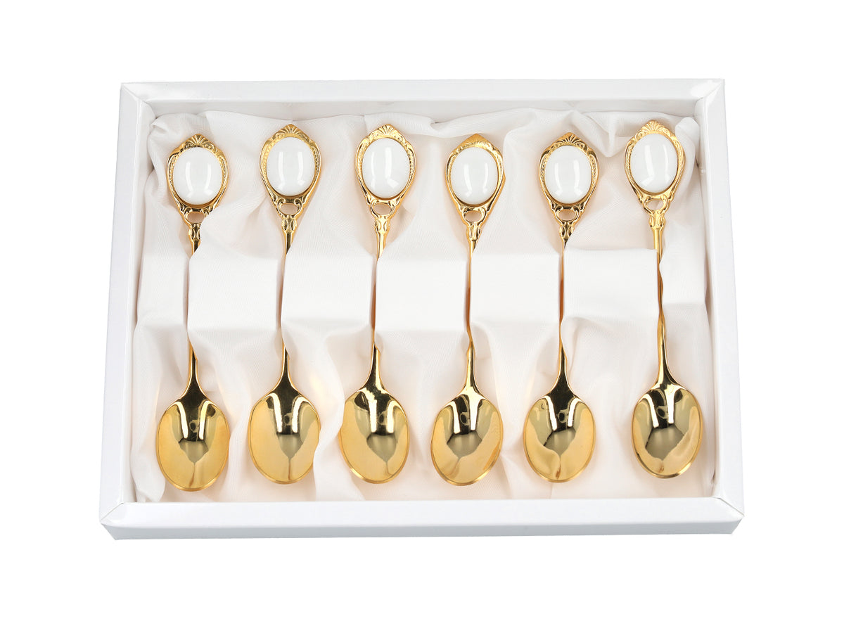 Sæt med 6 teskeer belagt med 24K guld, hvide øjne CARMANI, med mulighed for personlig gravering - elegant gave til enhver anledning, mål 13 cm