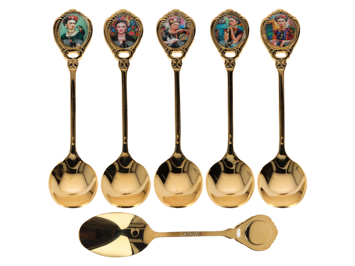 Sæt med 6 skeer belagt med 24K guld med F. Kahlo-motiv, mulighed for personlig gravering - elegant bestik som gave, 13 cm, CARMANI