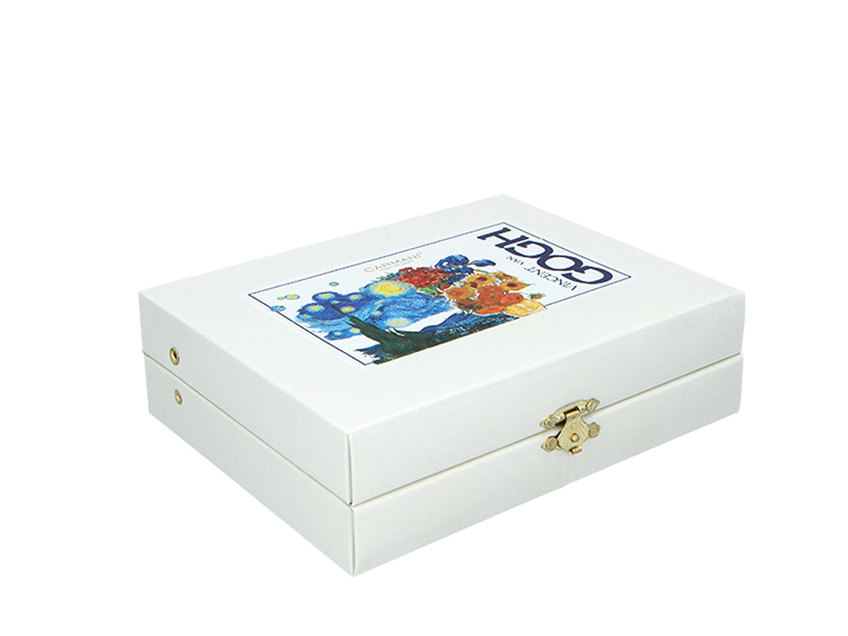 Sæt med 6 skeer belagt med 24K guld og 1 sukkerske - V. van Gogh, mix, mulighed for personlig gravering, elegant gaveæske, mål 13 cm