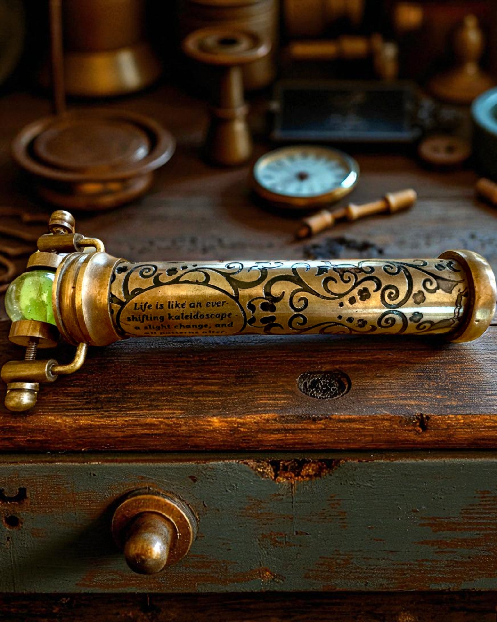 Vintage Kalejdoskop “Emerald Dreams”, 15 cm – håndlavet, med mulighed for personlig gravering som gave