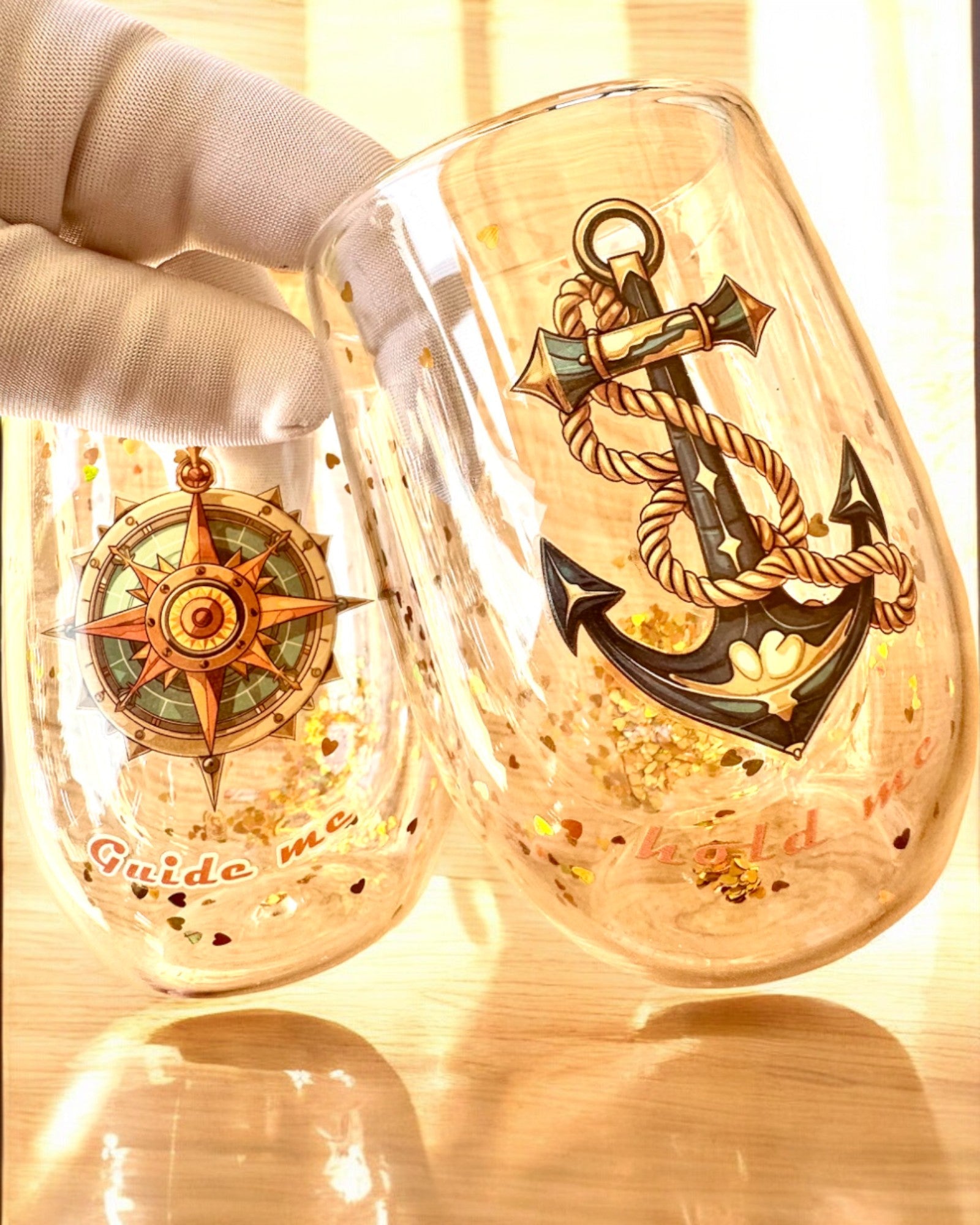 Dobbeltvæggede "Nautical Dreams" glas med guldfnug - sæt med 2 stk., 300 ml kapacitet, mulighed for personlig gravering