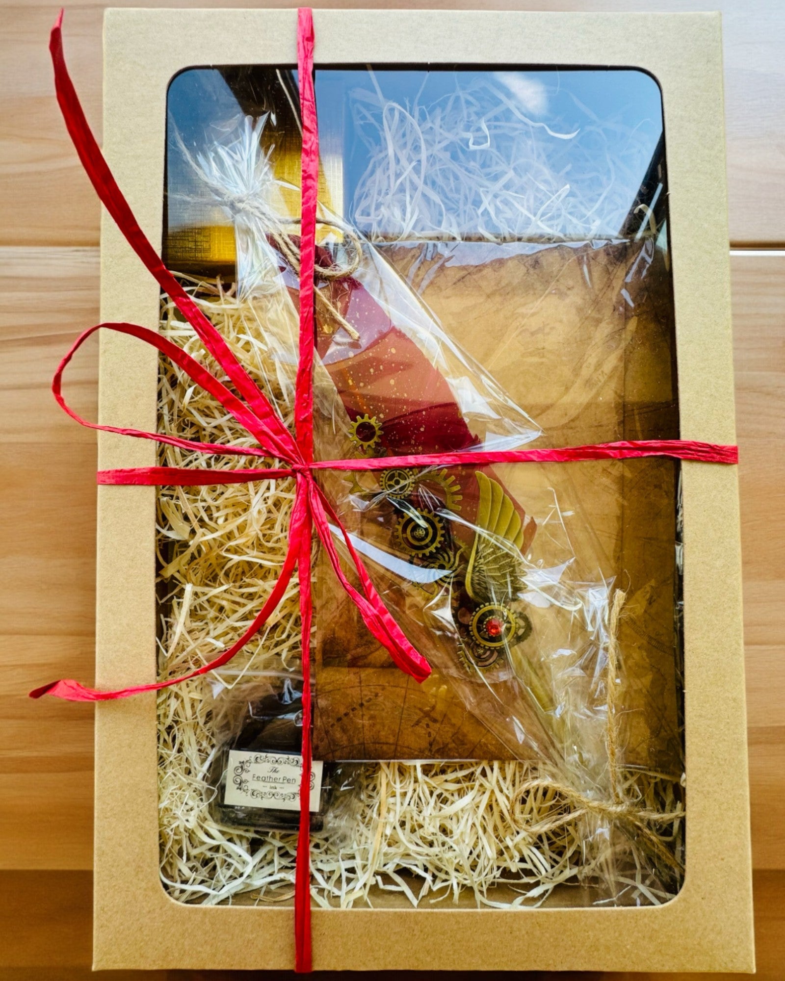 Gavesæt - Bordeaux-Lilla Gåsefjerpen "Steampunk Elegance" med Mulighed for Gravering, til gave