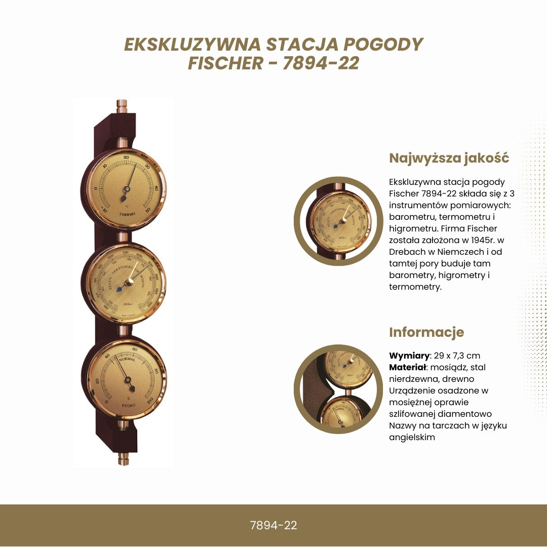Eksklusiv vejrstation Fischer - barometer, hygrometer, termometer - messing, mahogni – 7894-22