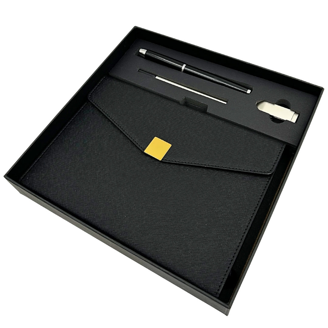Elegant premium gavesæt – A5-notesbog med kuglepen og USB-nøgle 16GB i æske – sort-guld – EE9