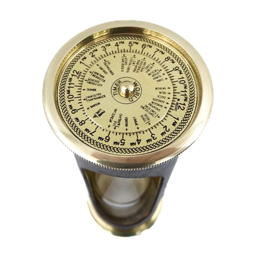 Timeglas 5 min med verdensur og evighedskalender i læderetui - STPL133/6