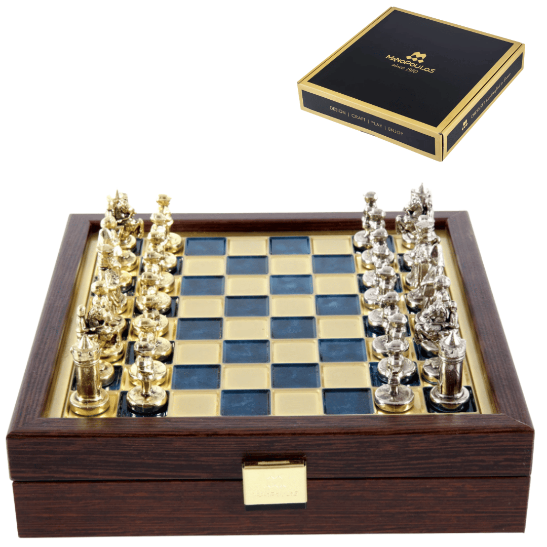 Elegant premium-messingskak 20x20cm Byzantium med personlig gravering - ideel gave til skakspillere og historieelskere - håndlavede brikker i guldfarvet og sølvfarvet finish
