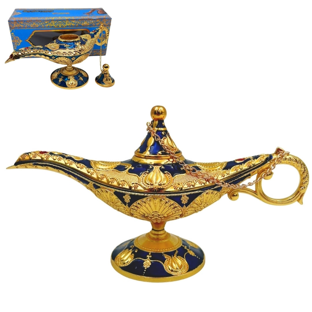 Aladdins lampe LABB med metaldekorationer i guldfarve, mørk marineblå, 22 x 7 x 11 cm