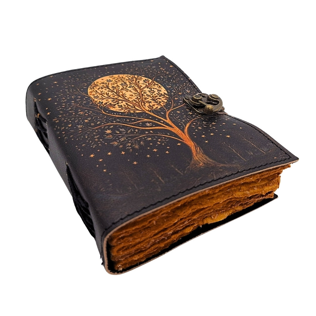 Vintage retro lædernotesbog Træ og måne 200 sider – AH08
