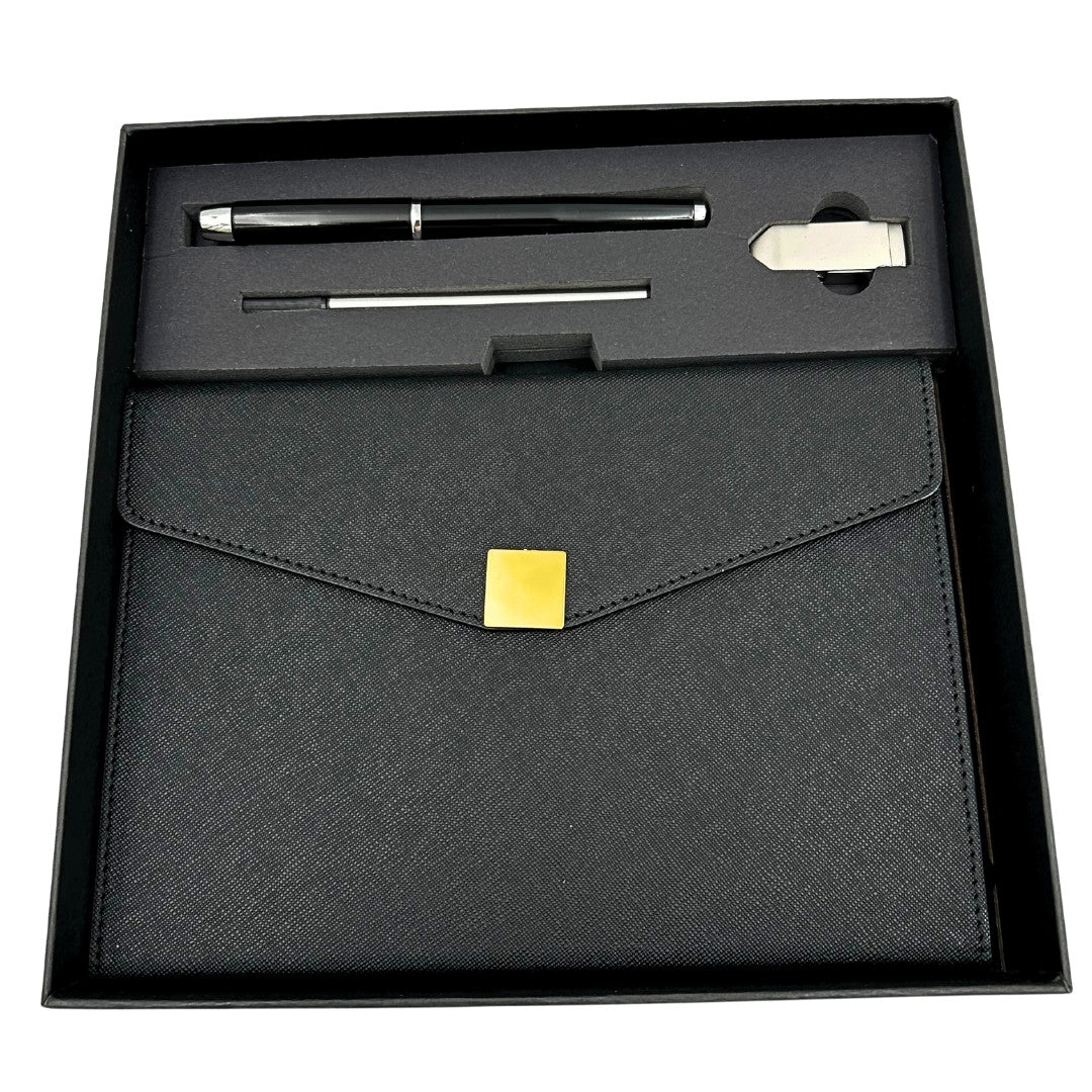 Elegant premium gavesæt – A5-notesbog med kuglepen og USB-nøgle 16GB i æske – sort-guld – EE9