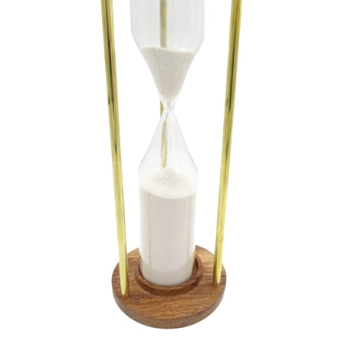 Timeglas i messing og træ, 30 min., med mulighed for personlig gravering – elegant gave til enhver anledning, højde 30,5 cm, hvidt sand, klassiske materialer