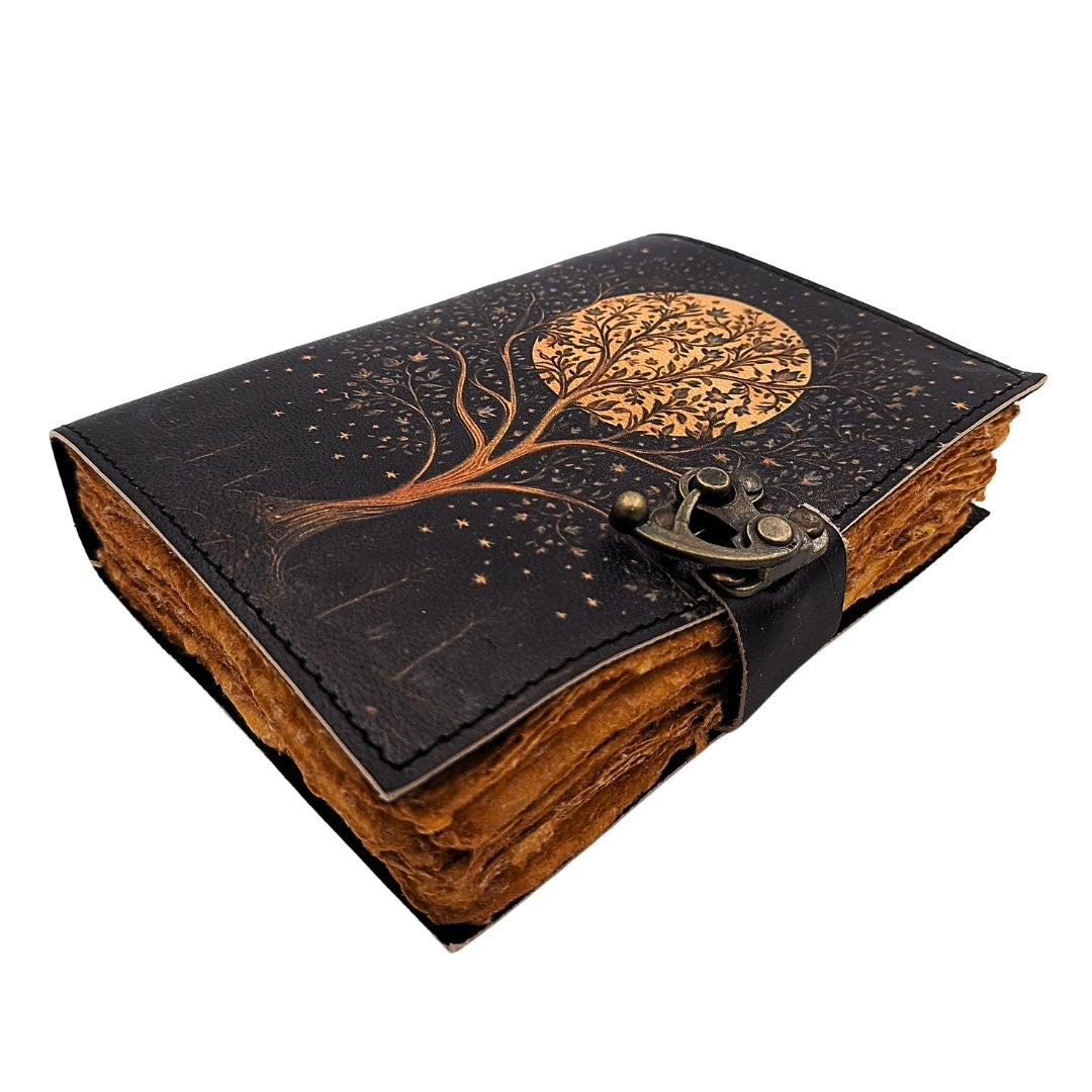 Vintage retro lædernotesbog Træ og måne 200 sider – AH08