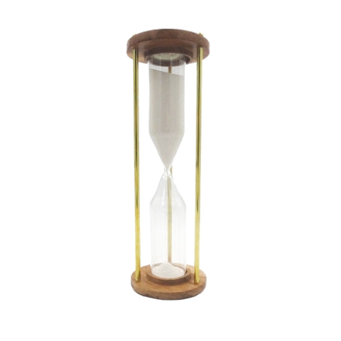Timeglas i messing og træ, 30 min., med mulighed for personlig gravering – elegant gave til enhver anledning, højde 30,5 cm, hvidt sand, klassiske materialer