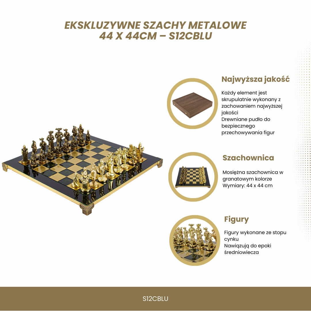 Eksklusive metalskakbrikker – Messingskakbræt 44 x 44cm – Middelalder – S12CBLU