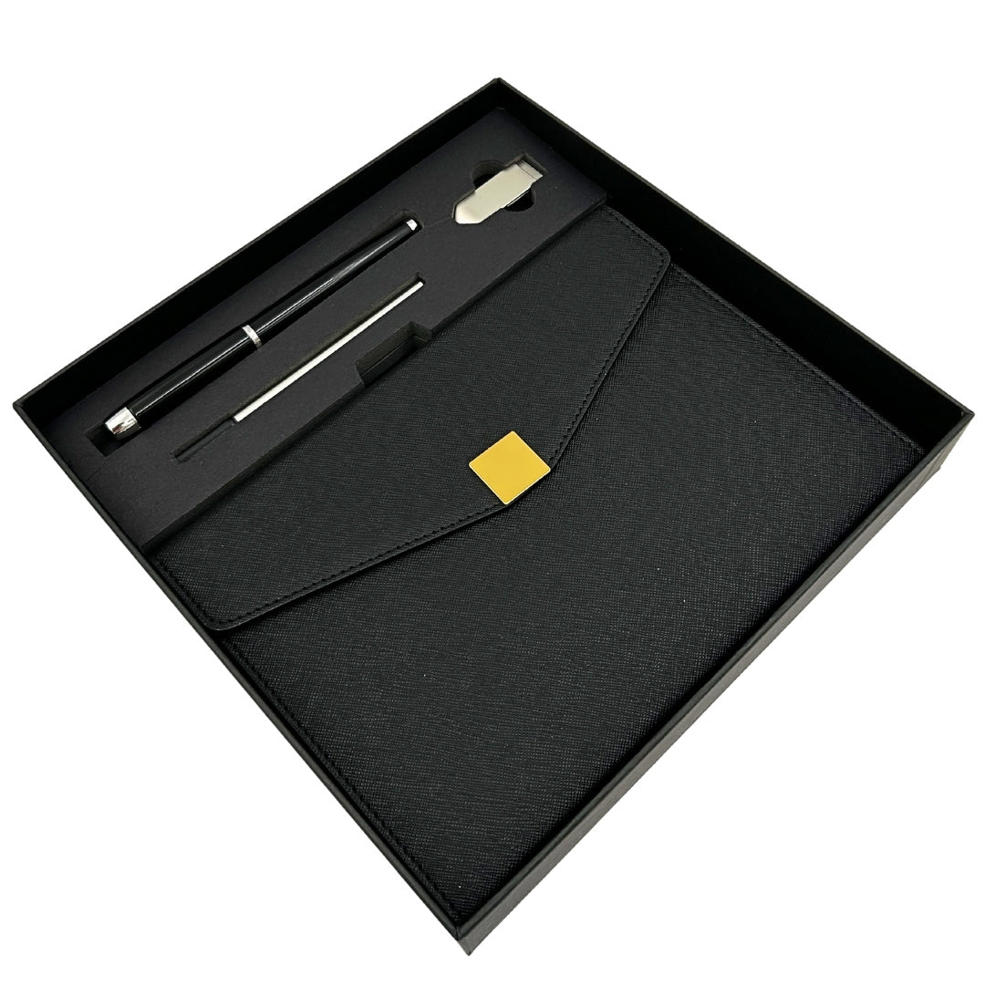 Elegant premium gavesæt – A5-notesbog med kuglepen og USB-nøgle 16GB i æske – sort-guld – EE9