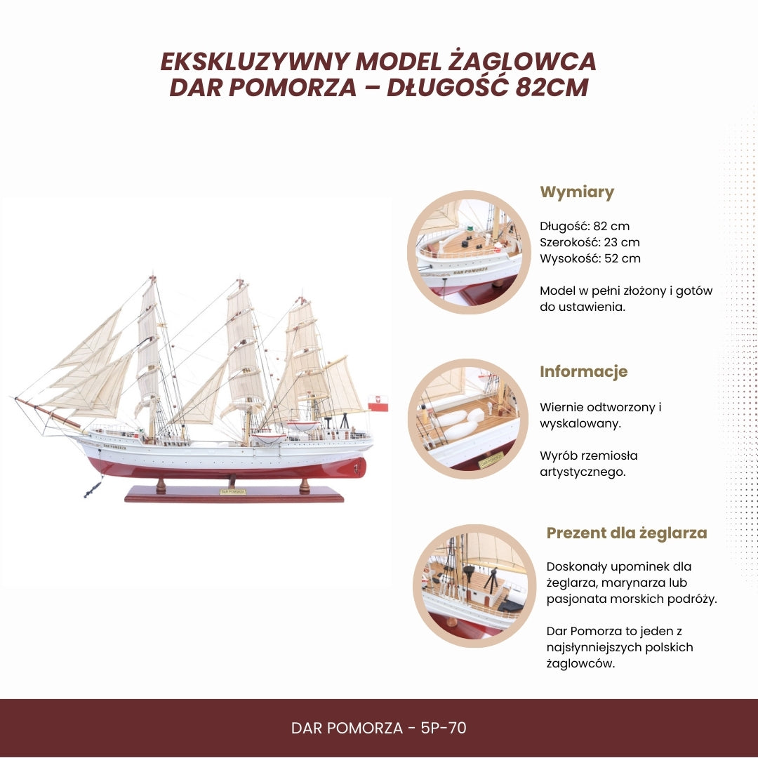 Eksklusiv model af sejlskibet Dar Pomorza 82 cm med mulighed for personlig gravering