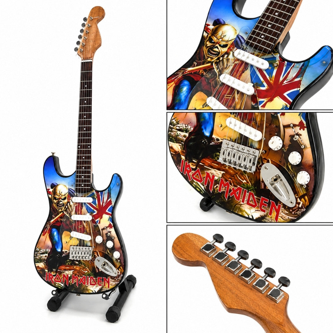 Mini dekorationsguitar Iron Maiden “The Trooper” af mahogni - håndlavet pynt til musikfans