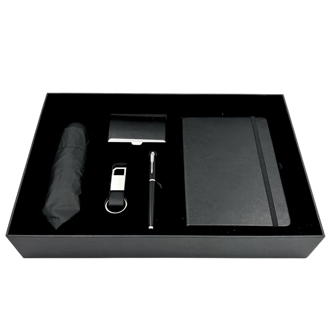 Elegant premium forretningsgavesæt - lædernotesbog, paraply, visitkortholder, kuglepen, nøglering - EE15