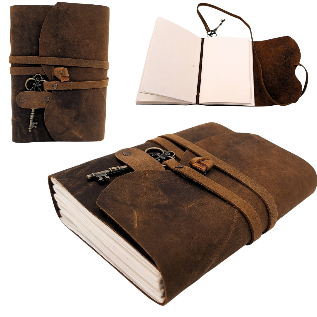 Retro lædernotesbog med lille nøgle og rem 200 sider 18 x 13 cm - AH02