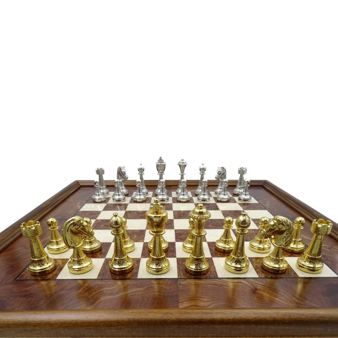 Stort eksklusivt skakspil Italfama i forgyldt metal 53x53 cm – N137