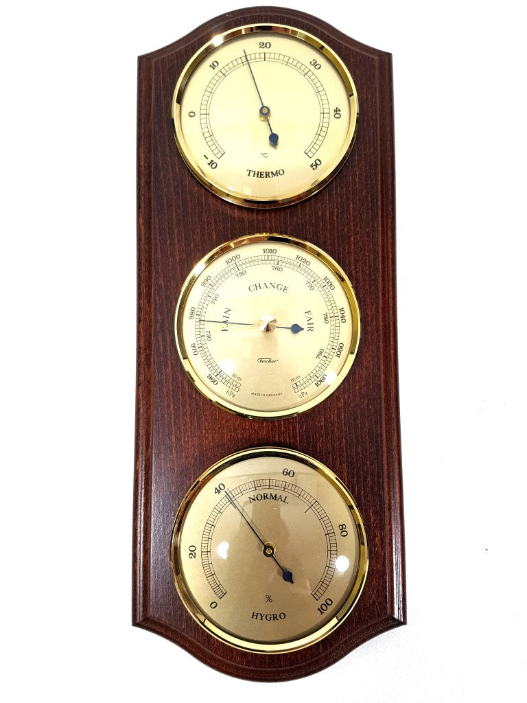 Fischer vejrstation - barometer hygrometer termometer - messing træ - 9176-22