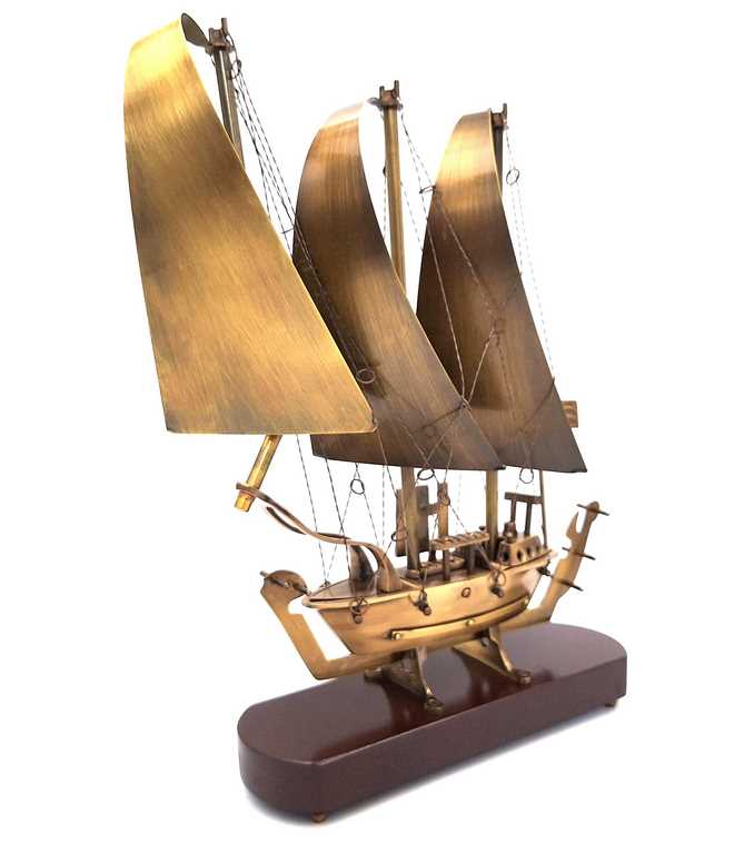 Stort messingskib på træfod - 38cm - N-3615B