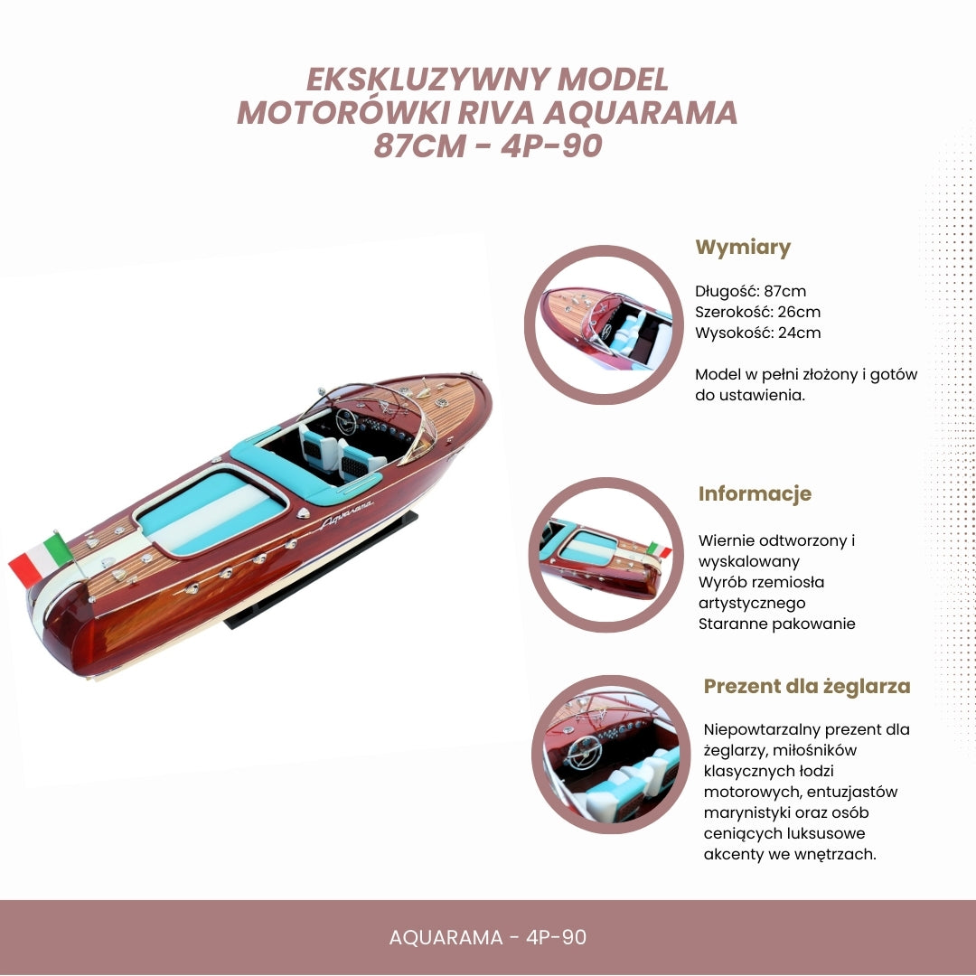 Eksklusiv model af Reeva Aquarama motorbåd 87cm - stor træmodel af klassisk italiensk motorbåd – 4P-90