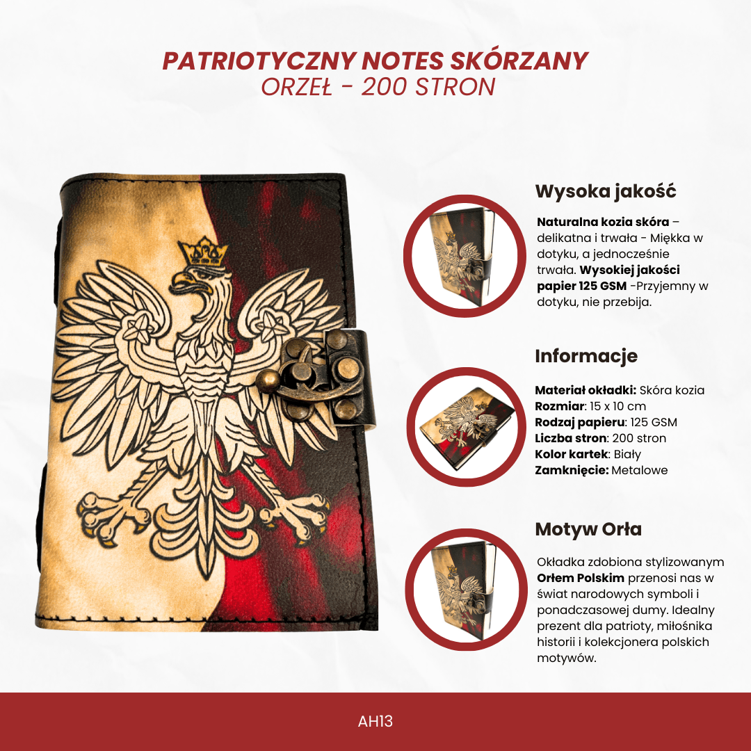 Lædernotesbog, dagbog med polsk ørn, patriotisk - 200 sider - AH13
