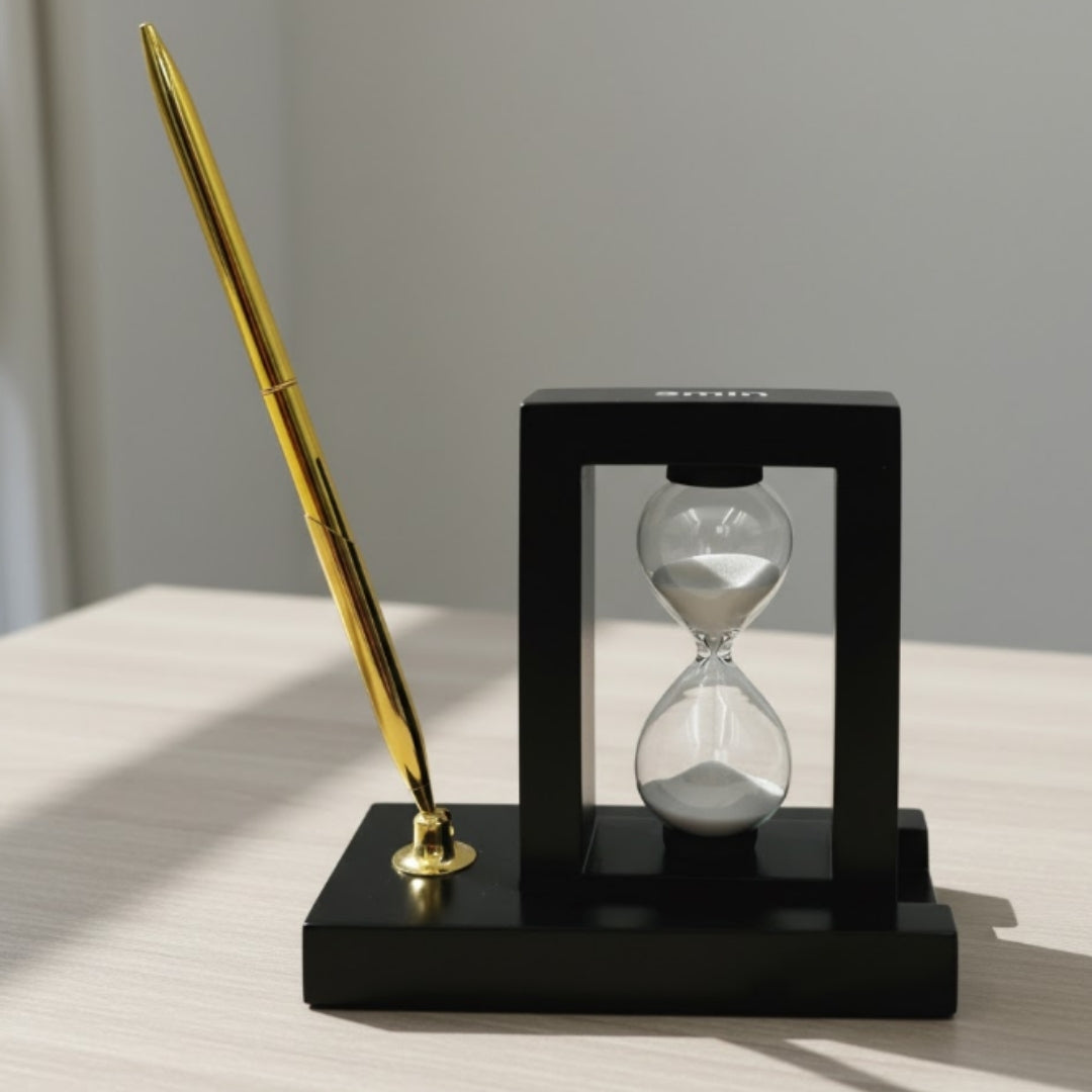 Dekorativt skrivebordssæt med 3-minutters timeglas og kuglepenneholder – 121W