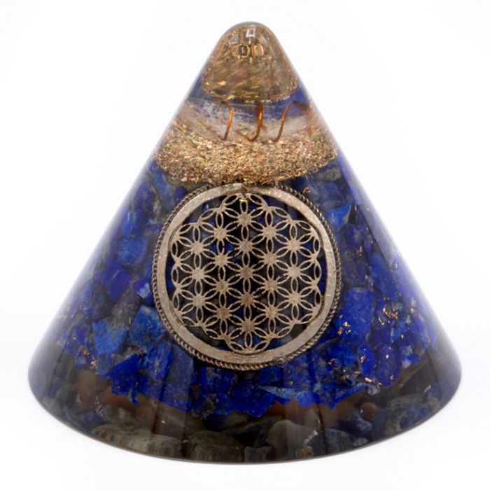 Orgonit Kegle Lapis Livets Blomst med Hængende Kvarts - 90 mm, Blå-Guld, Glas Resin og Metalspåner