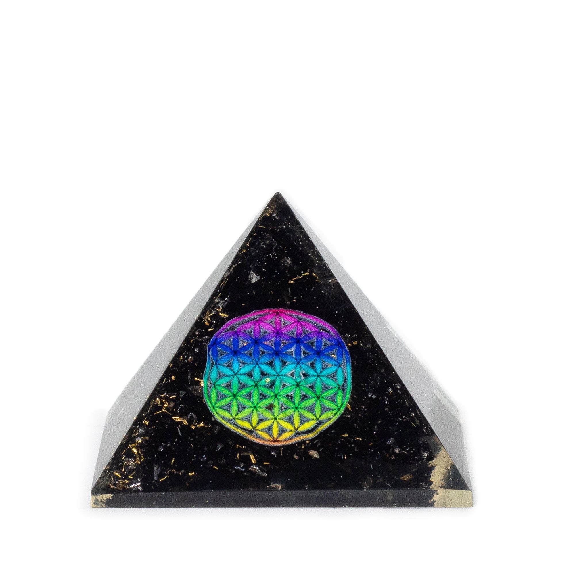 Orgonitpyramide af sort turmalin 5,5x4,5 cm med livets blomst