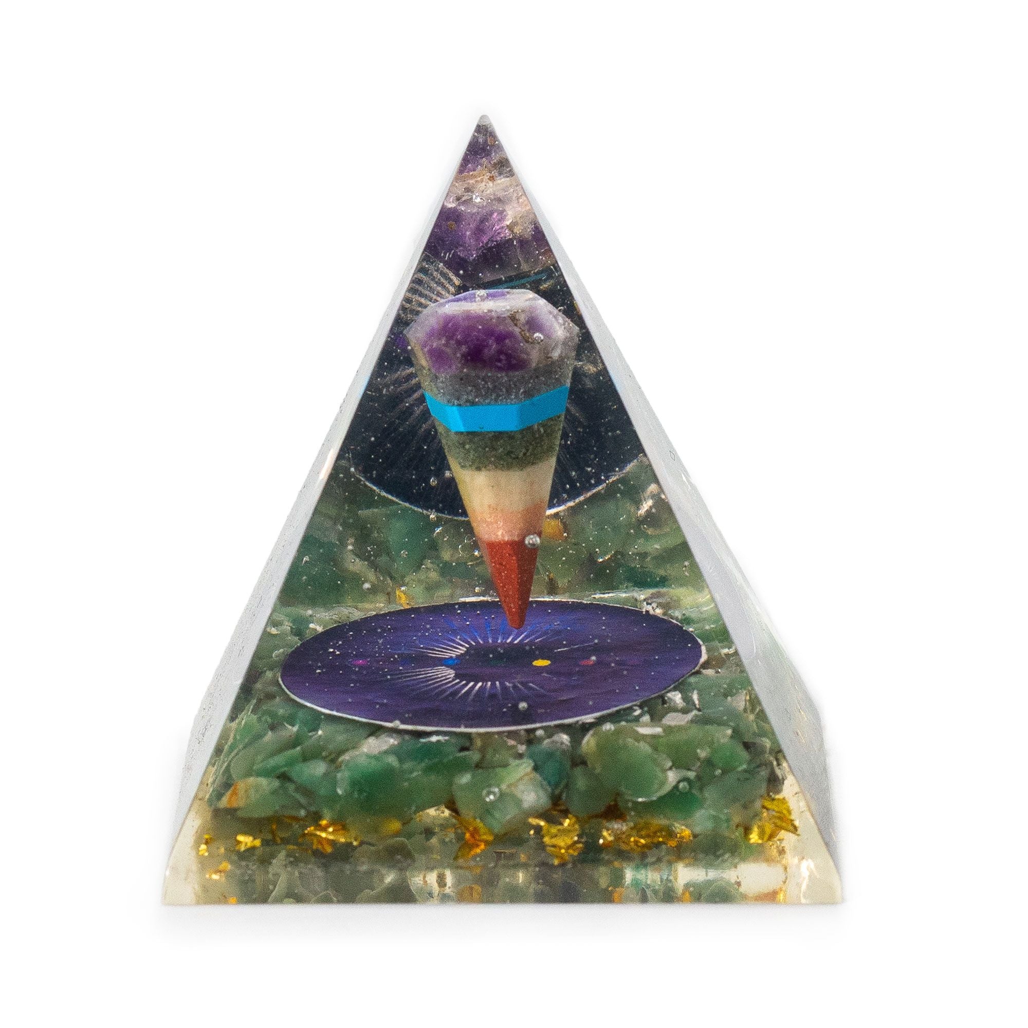 Mellemstor Orgonit Pyramide med Pendul og Grønne Aventurin Chips 7x6 cm