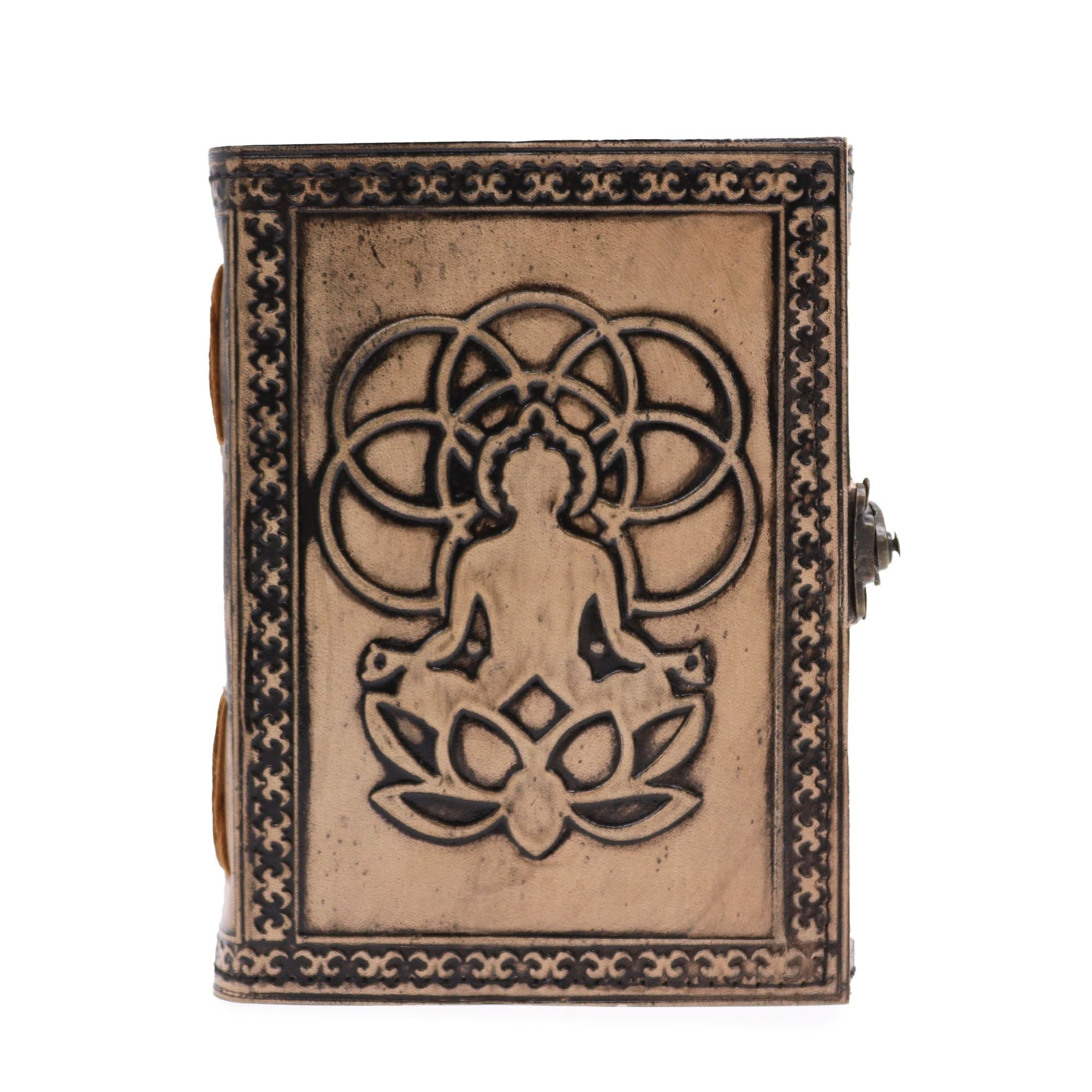 Esoterisk Buddha Notesbog i Rød-Tan Farve - Lædernotesbog med 200 Sider, Mål 17,5x12,5x3 cm