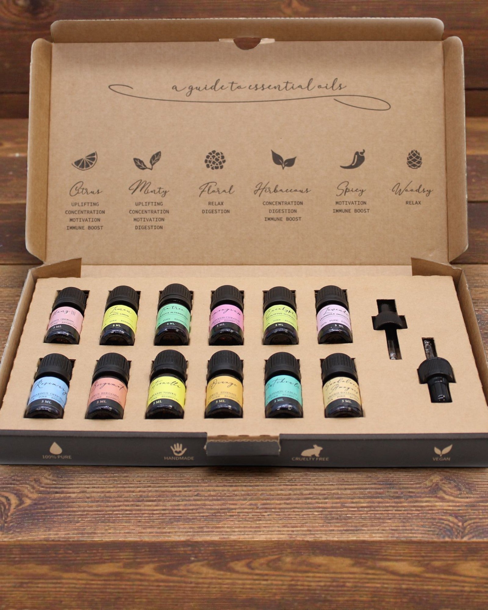 Verdens essens – Luksuriøst sæt med 12 mest populære æteriske olier 5 ml med pipetter