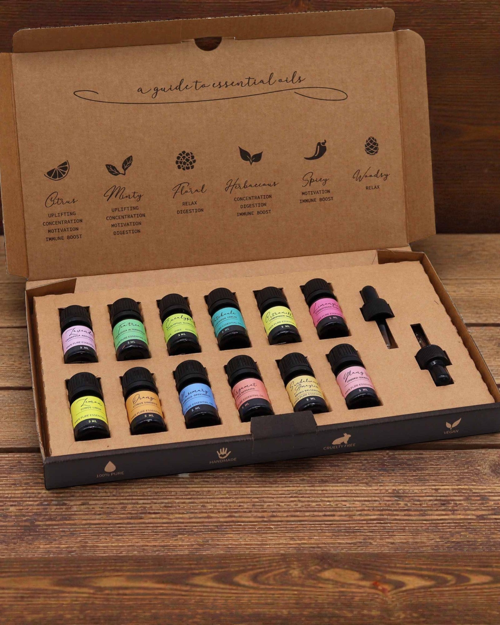 Verdens essens – Luksuriøst sæt med 12 mest populære æteriske olier 5 ml med pipetter