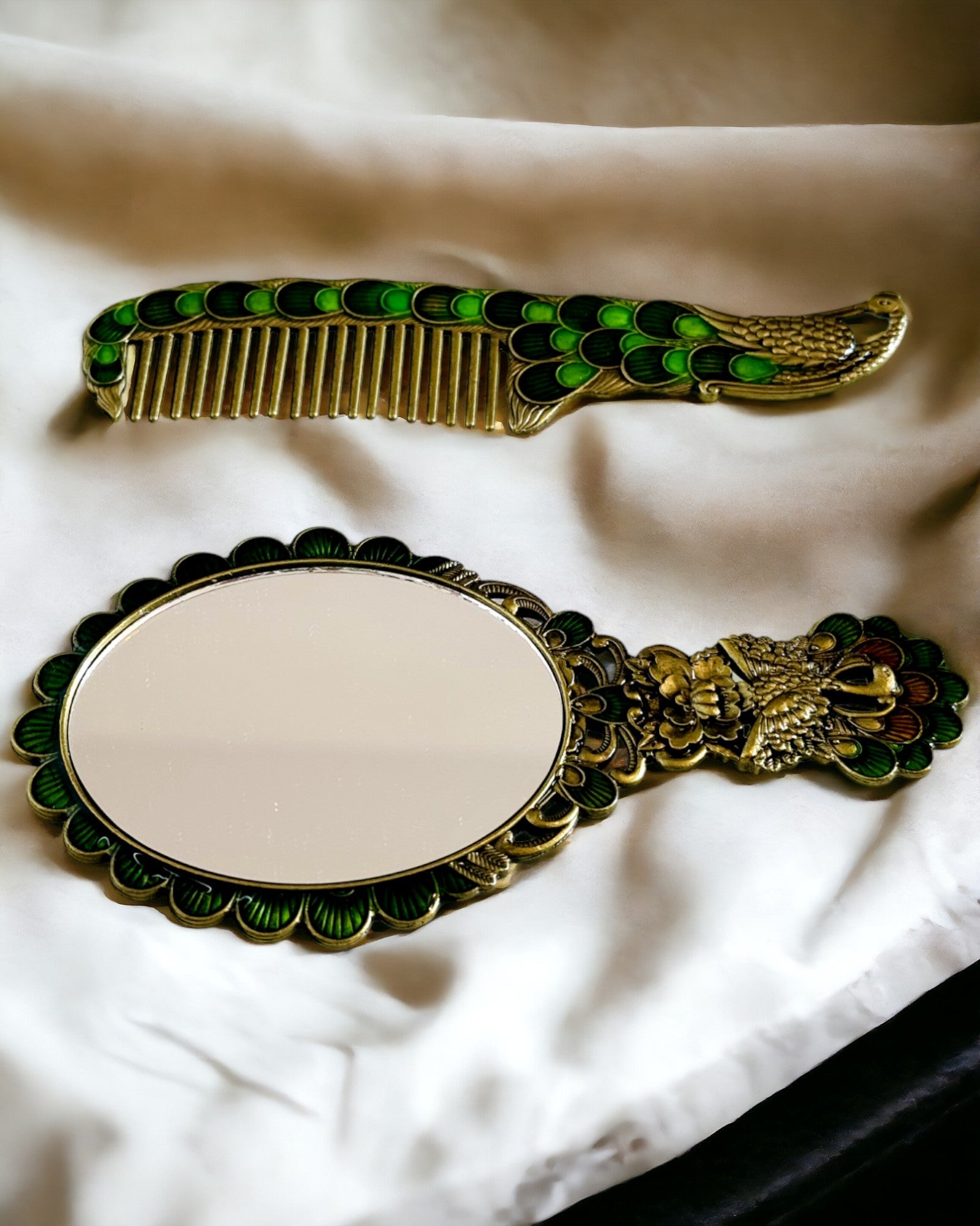 Vintage Sæt med Spejl og Kam i Påfuglemotiv - Dekorative Kosmetiske Tilbehør