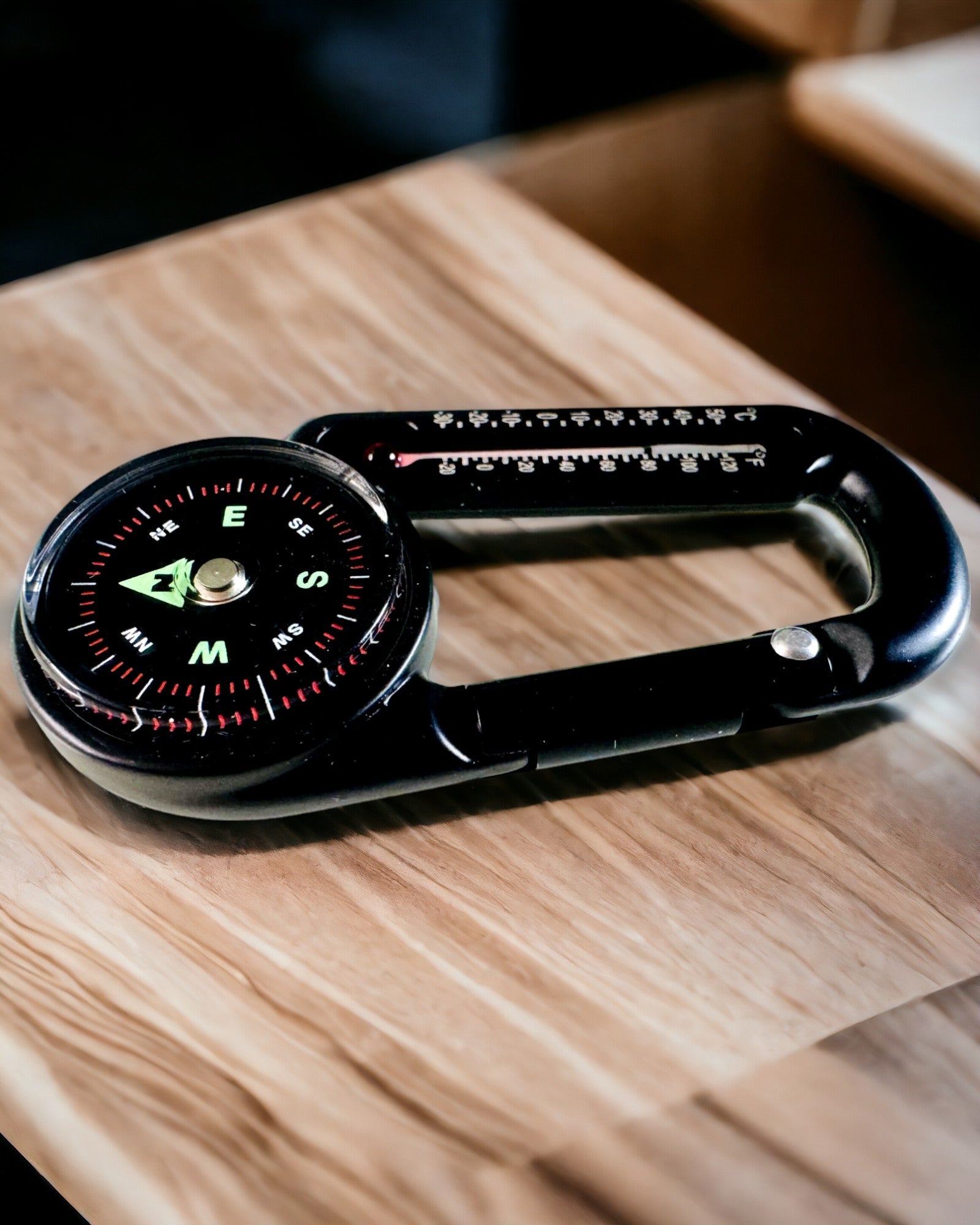 Karabinhagekompas med termometer, nøglering - mulighed for gravering