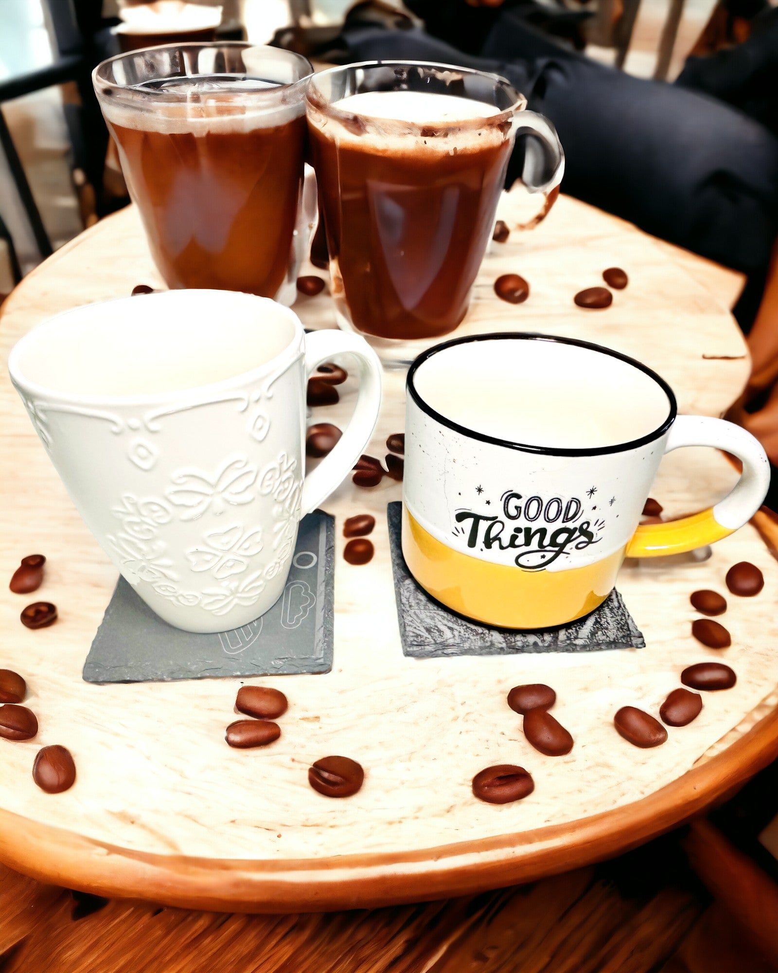 Underlag til kaffe, te af naturlig sten med personlig gravering – Firkant, cirkel, sekskant, 10 cm