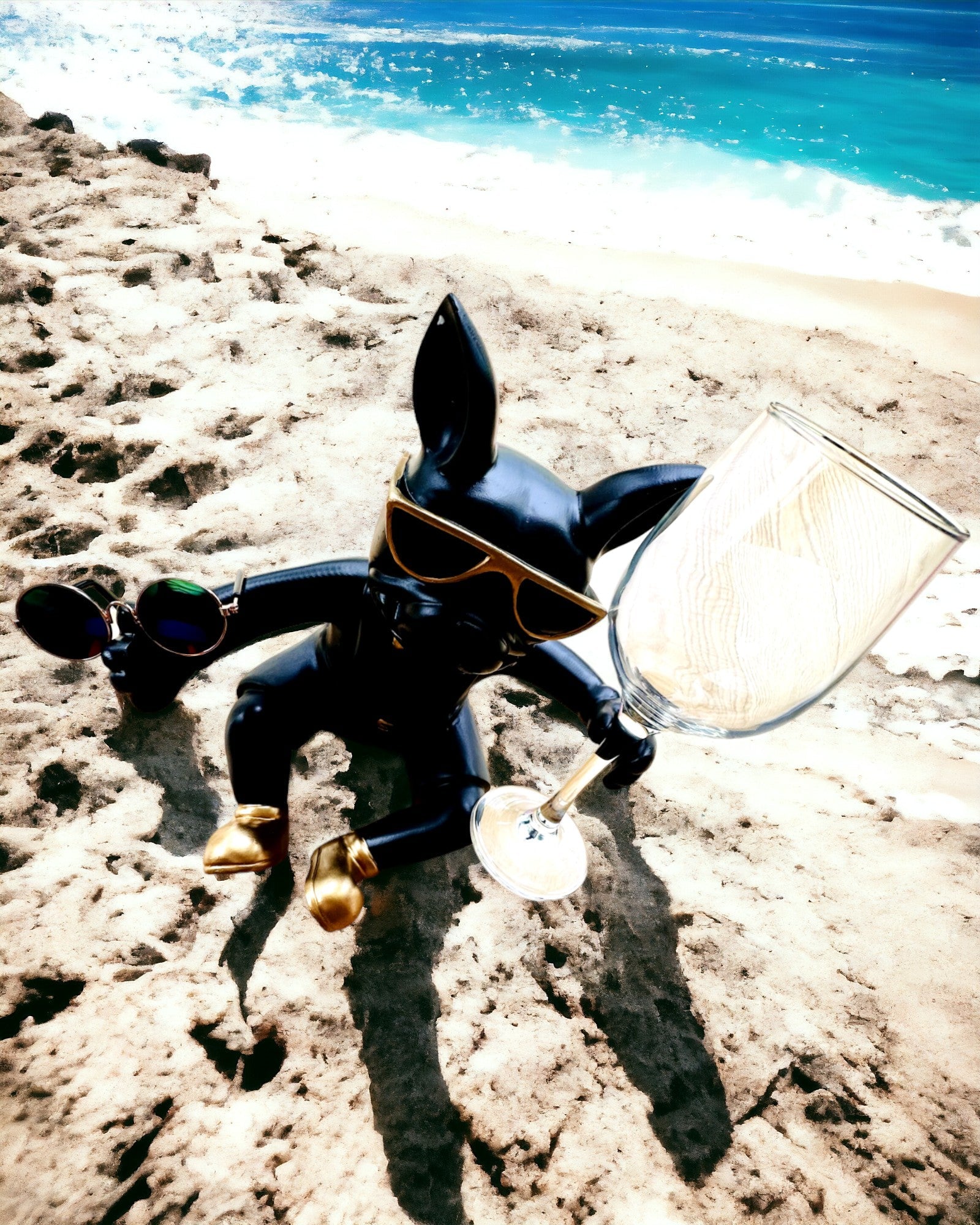 Eksklusiv figur "Stilfuld Bulldog", sort farve, holder til vinglas eller champagneglas, personliggørelse med gravering