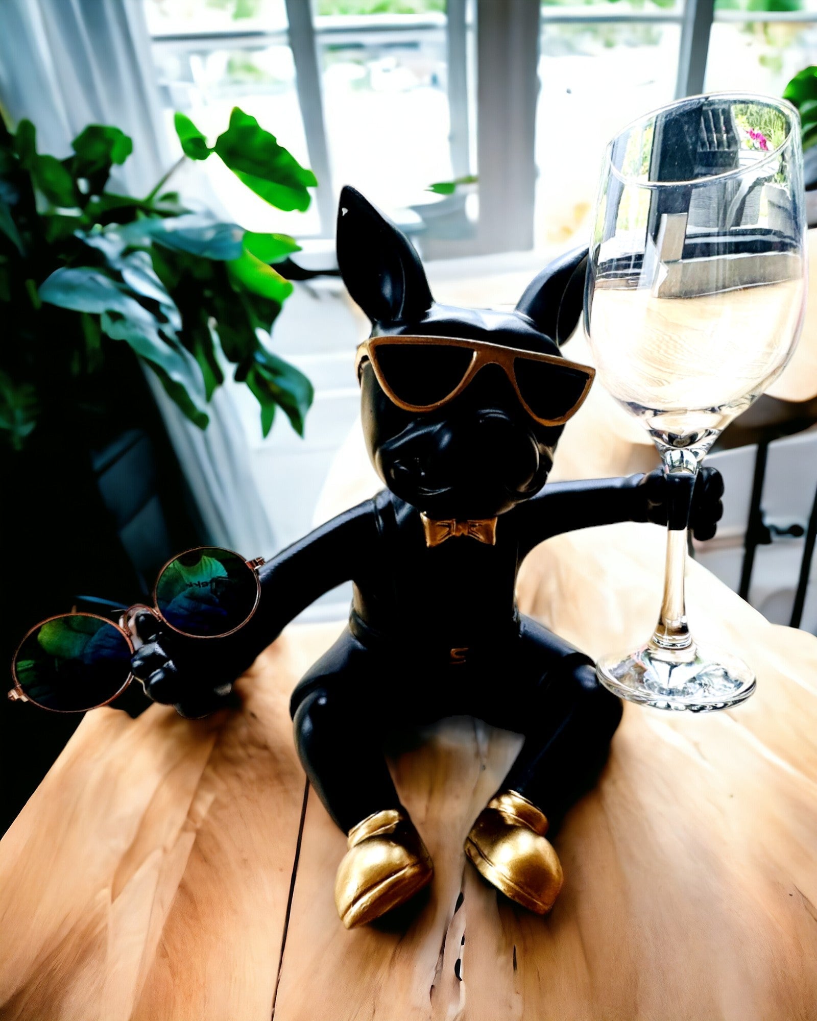 Eksklusiv figur "Stilfuld Bulldog", sort farve, holder til vinglas eller champagneglas, personliggørelse med gravering
