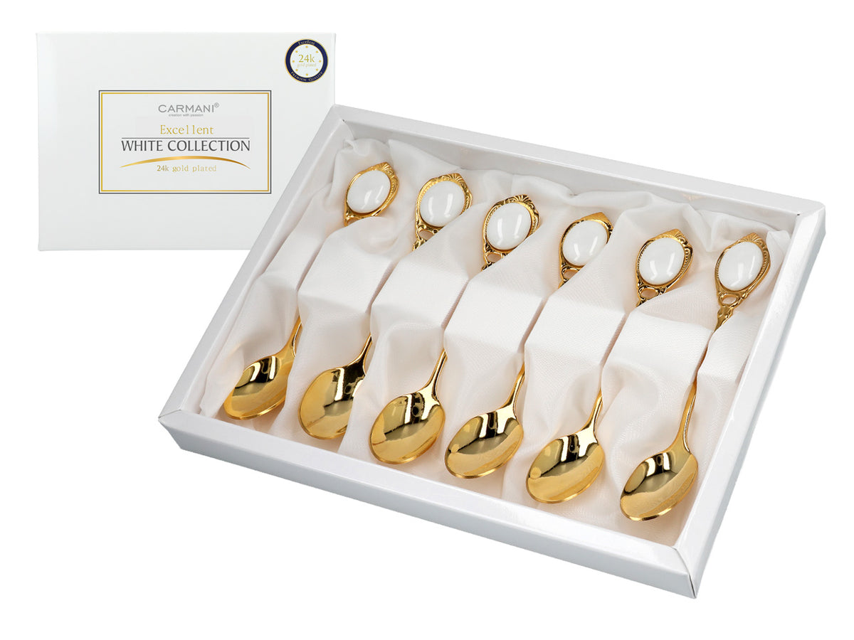 Sæt med 6 teskeer belagt med 24K guld, hvide øjne CARMANI, med mulighed for personlig gravering - elegant gave til enhver anledning, mål 13 cm