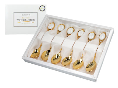 Sæt med 6 teskeer belagt med 24K guld, hvide øjne CARMANI, med mulighed for personlig gravering - elegant gave til enhver anledning, mål 13 cm