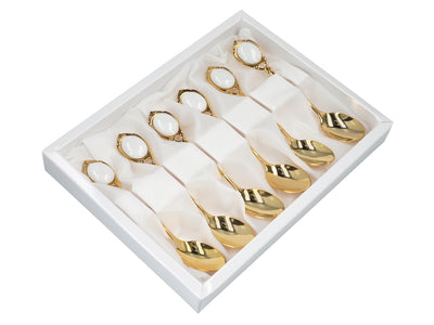 Sæt med 6 teskeer belagt med 24K guld, hvide øjne CARMANI, med mulighed for personlig gravering - elegant gave til enhver anledning, mål 13 cm