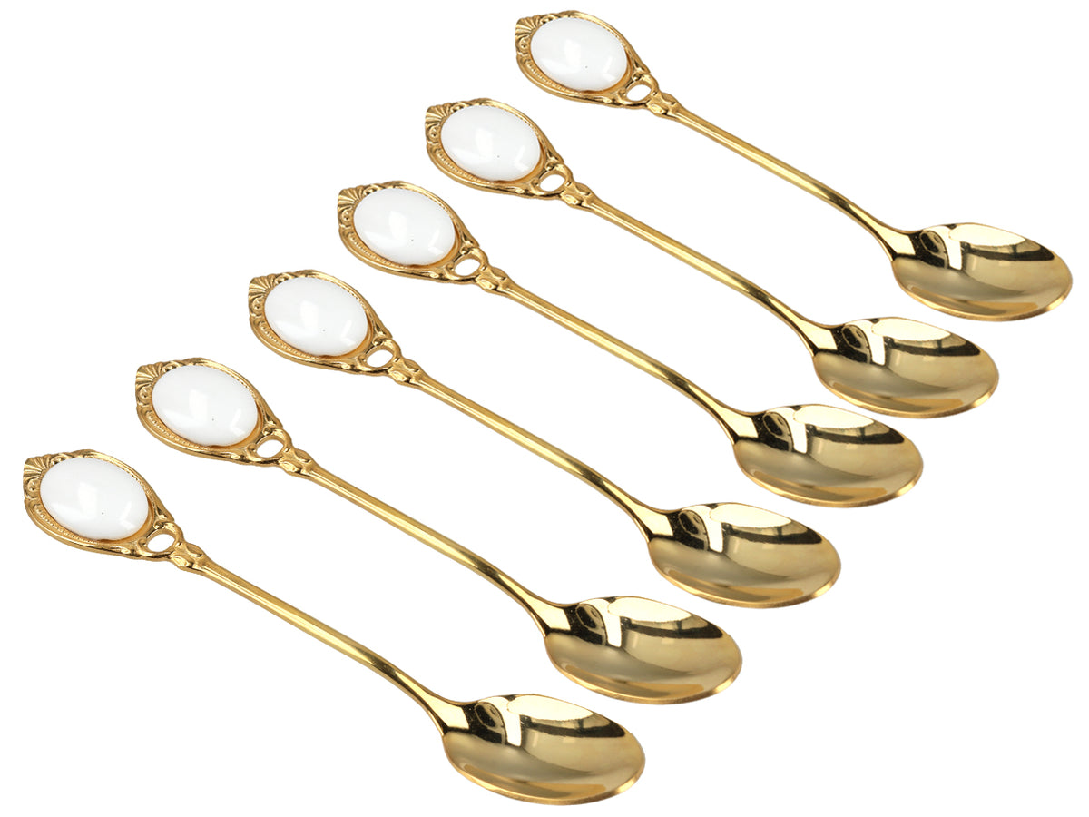 Sæt med 6 teskeer belagt med 24K guld, hvide øjne CARMANI, med mulighed for personlig gravering - elegant gave til enhver anledning, mål 13 cm