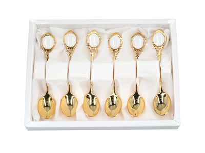 Sæt med 6 teskeer belagt med 24K guld, hvide øjne CARMANI, med mulighed for personlig gravering - elegant gave til enhver anledning, mål 13 cm