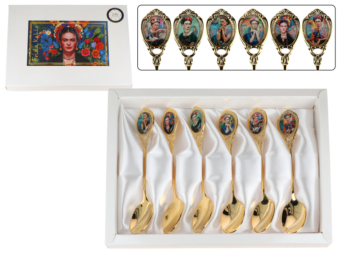 Sæt med 6 skeer belagt med 24K guld med F. Kahlo-motiv, mulighed for personlig gravering - elegant bestik som gave, 13 cm, CARMANI