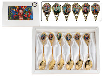 Sæt med 6 skeer belagt med 24K guld med F. Kahlo-motiv, mulighed for personlig gravering - elegant bestik som gave, 13 cm, CARMANI