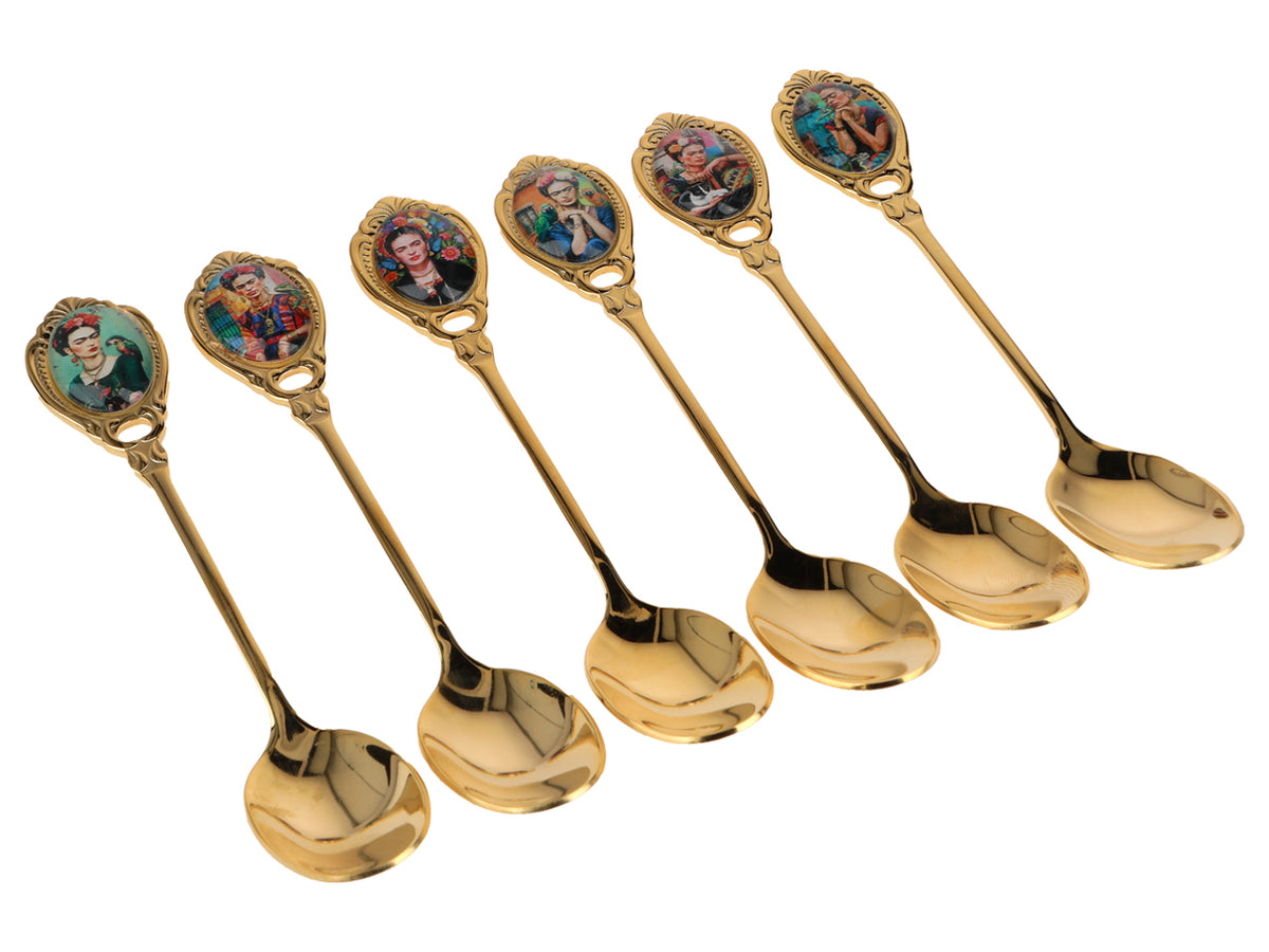 Sæt med 6 skeer belagt med 24K guld med F. Kahlo-motiv, mulighed for personlig gravering - elegant bestik som gave, 13 cm, CARMANI