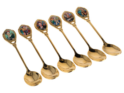 Sæt med 6 skeer belagt med 24K guld med F. Kahlo-motiv, mulighed for personlig gravering - elegant bestik som gave, 13 cm, CARMANI
